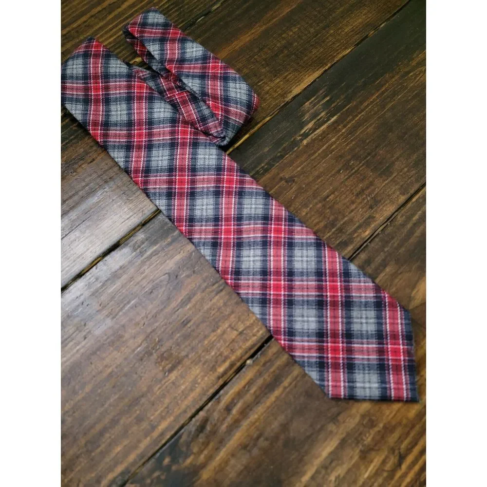 Tommy‎ Hilfiger Plaid Tie - Red / Gray - Flannel - 58L / 3.25W - Thick